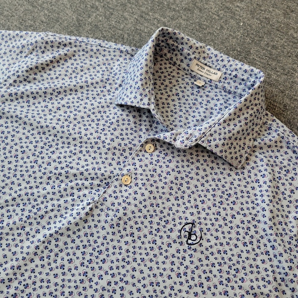 Peter Millar Summer Comfort Polo Shirt Mens L Blue Angry Anglers AOP MS23EK06S